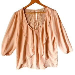 Coquette Peasant Blouse XXL Sheer Ruffles Lace Balloon Sleeve Peach Feminine Top